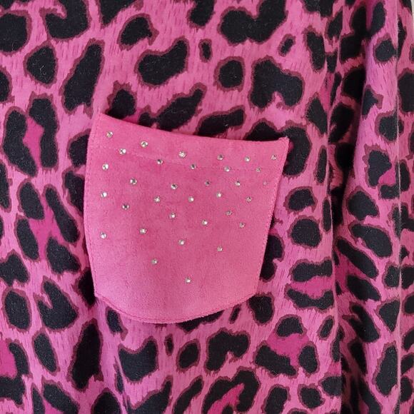 Quacker Factory Womens Cheetah Animal Print Top Sz L Studded Pink Y2k Girly - Picture 3 of 10